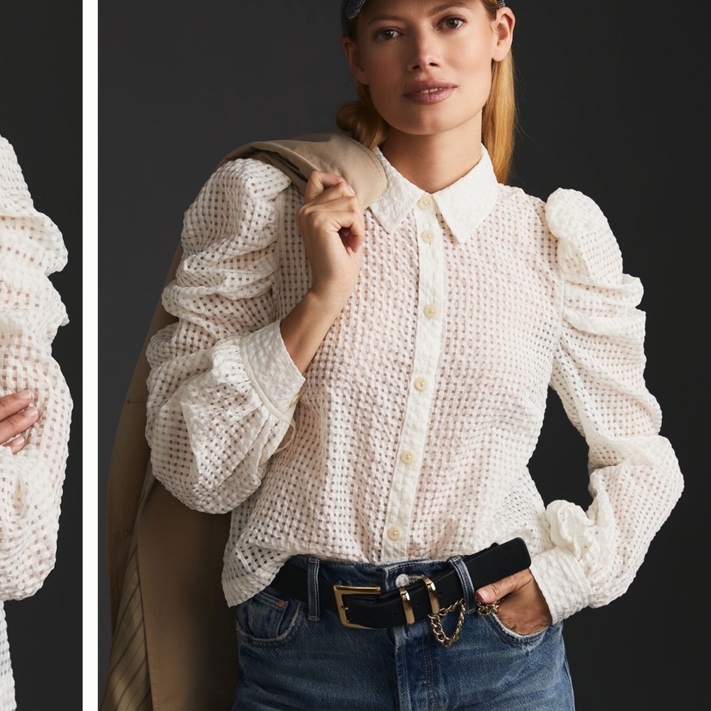 Maeve Eyelet Puff-Sleeve Button-Up Top